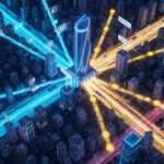 Highly detailed aerial view of a futuristic cityscape at dusk, visually representing the auto insurance revenue sharing ecosystem. Luminous streams of digital data, flowing from smartphones and laptops, converge into a central, sleek insurance hub skyscraper. From this hub, radiant golden digital currency symbols extend outwards to smaller partner buildings, illustrating efficient revenue distribution and strategic growth within the auto insurance industry.