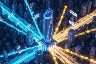 Highly detailed aerial view of a futuristic cityscape at dusk, visually representing the auto insurance revenue sharing ecosystem. Luminous streams of digital data, flowing from smartphones and laptops, converge into a central, sleek insurance hub skyscraper. From this hub, radiant golden digital currency symbols extend outwards to smaller partner buildings, illustrating efficient revenue distribution and strategic growth within the auto insurance industry.