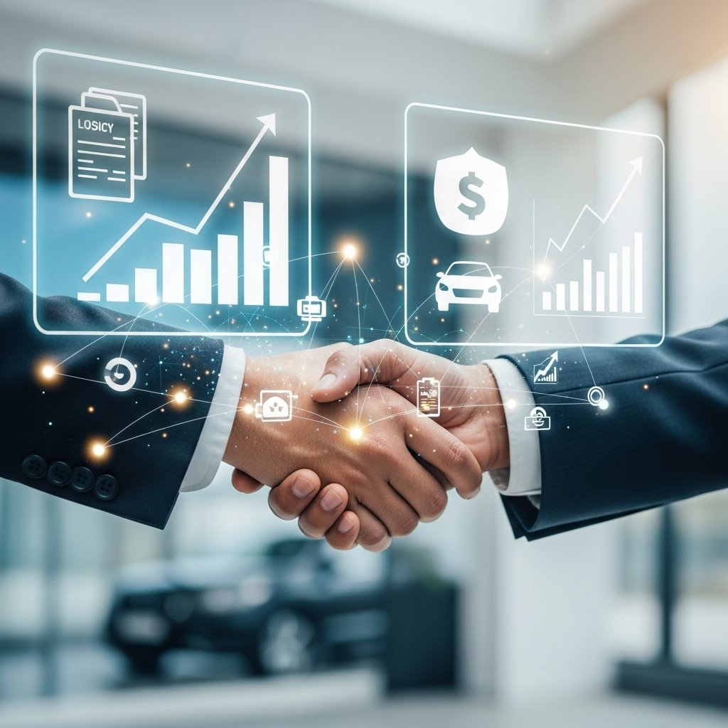 Dynamic close-up of a firm handshake between a tech-savvy affiliate marketer and an auto dealership owner in a modern, brightly lit innovation hub. From their clasped hands, subtle holographic lines and glowing data points emanate, symbolizing digital connectivity and data exchange in auto insurance affiliate marketing. The background features blurred holographic displays with upward-trending growth charts and stylized cars, reinforcing themes of strategic partnership, mutual growth, and success in CPL auto insurance programs.