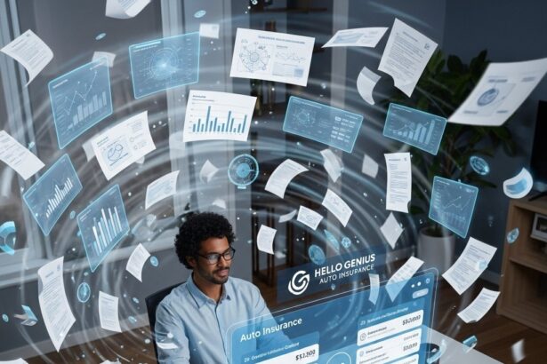 A mid-30s individual, sitting comfortably at a modern desk in a well-lit home office, transitions from an expression of overwhelm amidst chaotic insurance documents to serene enlightenment. A sleek, glowing holographic interface on the desk now clearly displays organized, side-by-side auto insurance quotes from various providers, highlighting key details like premiums and coverage, demonstrating how Hello Genius Auto Insurance simplifies the process to compare car insurance quotes effectively.