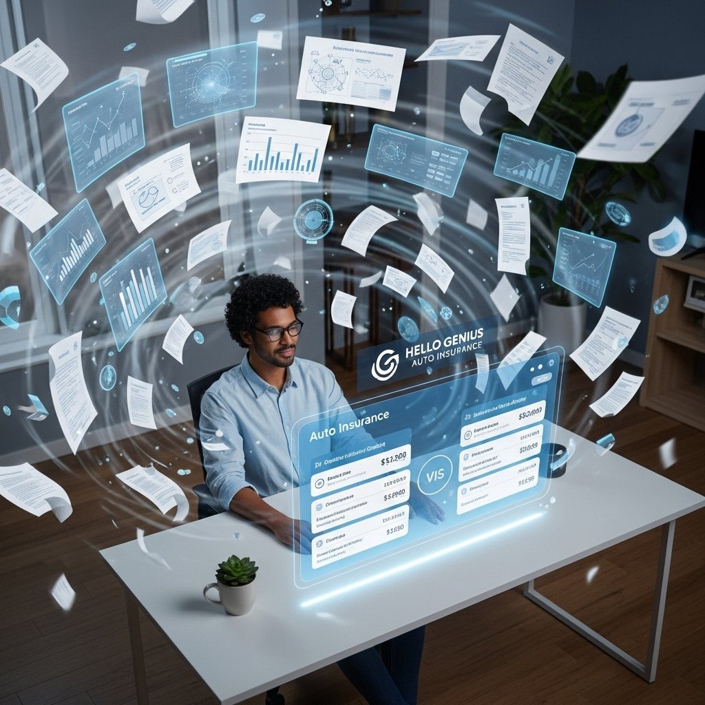 A mid-30s individual, sitting comfortably at a modern desk in a well-lit home office, transitions from an expression of overwhelm amidst chaotic insurance documents to serene enlightenment. A sleek, glowing holographic interface on the desk now clearly displays organized, side-by-side auto insurance quotes from various providers, highlighting key details like premiums and coverage, demonstrating how Hello Genius Auto Insurance simplifies the process to compare car insurance quotes effectively.