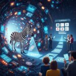 A majestic, stylized zebra stands at the threshold of a chaotic digital jungle made of circuit boards and data streams, symbolizing the complexity of insurance policies. The zebra's glowing stripes illuminate clear, simplified pathways leading to a sleek, user-friendly insurance comparison platform in the distance, where diverse insurance logos are neatly organized. Diverse people are shown experiencing relief and understanding as they look at clear comparison screens on their devices, illustrating the value proposition of The Zebra.