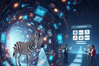 A majestic, stylized zebra stands at the threshold of a chaotic digital jungle made of circuit boards and data streams, symbolizing the complexity of insurance policies. The zebra's glowing stripes illuminate clear, simplified pathways leading to a sleek, user-friendly insurance comparison platform in the distance, where diverse insurance logos are neatly organized. Diverse people are shown experiencing relief and understanding as they look at clear comparison screens on their devices, illustrating the value proposition of The Zebra.