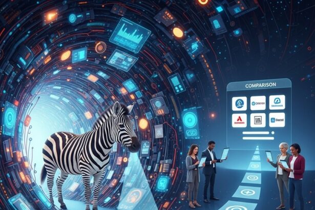 A majestic, stylized zebra stands at the threshold of a chaotic digital jungle made of circuit boards and data streams, symbolizing the complexity of insurance policies. The zebra's glowing stripes illuminate clear, simplified pathways leading to a sleek, user-friendly insurance comparison platform in the distance, where diverse insurance logos are neatly organized. Diverse people are shown experiencing relief and understanding as they look at clear comparison screens on their devices, illustrating the value proposition of The Zebra.