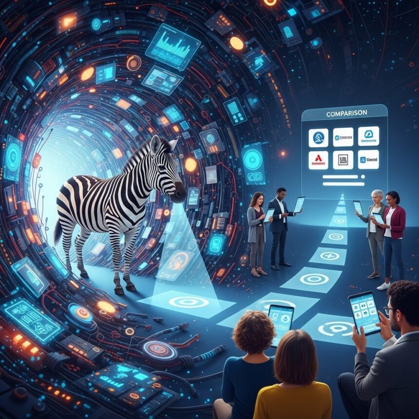 A majestic, stylized zebra stands at the threshold of a chaotic digital jungle made of circuit boards and data streams, symbolizing the complexity of insurance policies. The zebra's glowing stripes illuminate clear, simplified pathways leading to a sleek, user-friendly insurance comparison platform in the distance, where diverse insurance logos are neatly organized. Diverse people are shown experiencing relief and understanding as they look at clear comparison screens on their devices, illustrating the value proposition of The Zebra.
