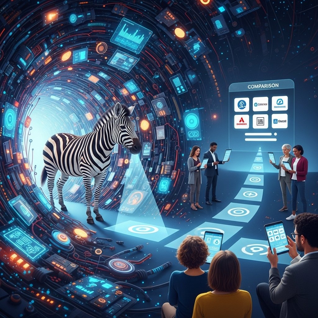 A majestic, stylized zebra stands at the threshold of a chaotic digital jungle made of circuit boards and data streams, symbolizing the complexity of insurance policies. The zebra's glowing stripes illuminate clear, simplified pathways leading to a sleek, user-friendly insurance comparison platform in the distance, where diverse insurance logos are neatly organized. Diverse people are shown experiencing relief and understanding as they look at clear comparison screens on their devices, illustrating the value proposition of The Zebra.