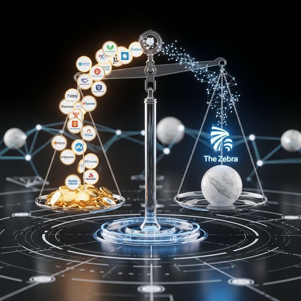 A highly detailed, photorealistic digital ecosystem features a perfectly balanced, transparent set of digital scales. Glowing data packets representing commissions flow from diverse insurance company logos on one side towards a central 'The Zebra' icon on the other, symbolizing fair and unbiased aggregation and illustrating how The Zebra makes money. Surrounding this mechanism, an intricate network of glowing lines connects to other services, including a prominent, subtly glowing marble sphere, representing the 'Marble' acquisition and strategic growth into holistic insurance management, highlighting the sophistication and transparency of The Zebra business model.