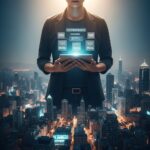 A confident individual, illuminated by soft light, holds a glowing tablet displaying various auto insurance quotes, demonstrating the ease to compare auto insurance quotes. Below, a vibrant cityscape represents the market, emphasizing the sense of financial control and peace of mind achieved through smart comparison.