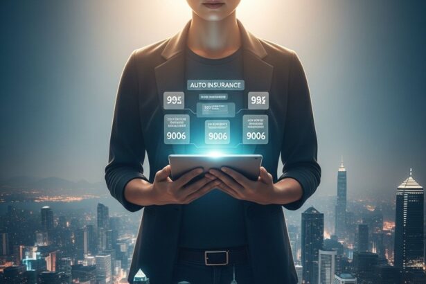 A confident individual, illuminated by soft light, holds a glowing tablet displaying various auto insurance quotes, demonstrating the ease to compare auto insurance quotes. Below, a vibrant cityscape represents the market, emphasizing the sense of financial control and peace of mind achieved through smart comparison.