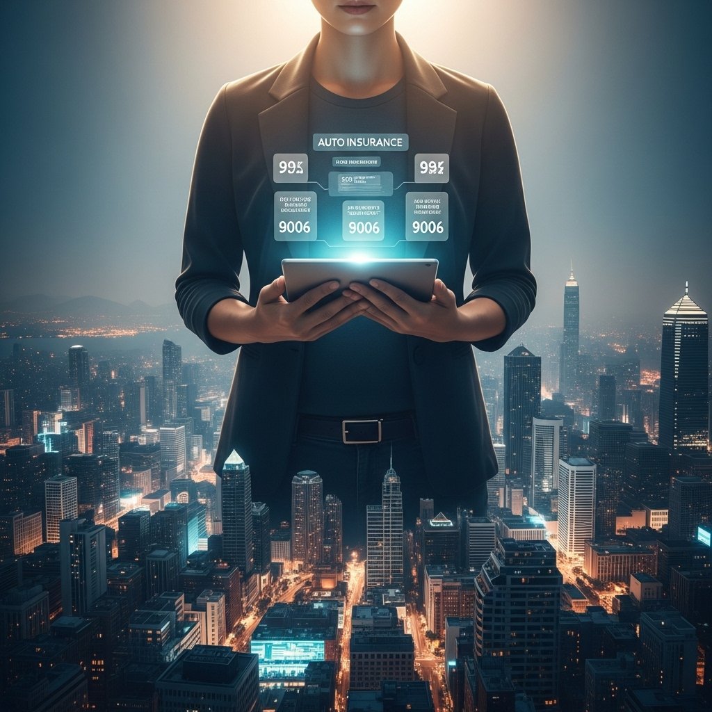 A confident individual, illuminated by soft light, holds a glowing tablet displaying various auto insurance quotes, demonstrating the ease to compare auto insurance quotes. Below, a vibrant cityscape represents the market, emphasizing the sense of financial control and peace of mind achieved through smart comparison.