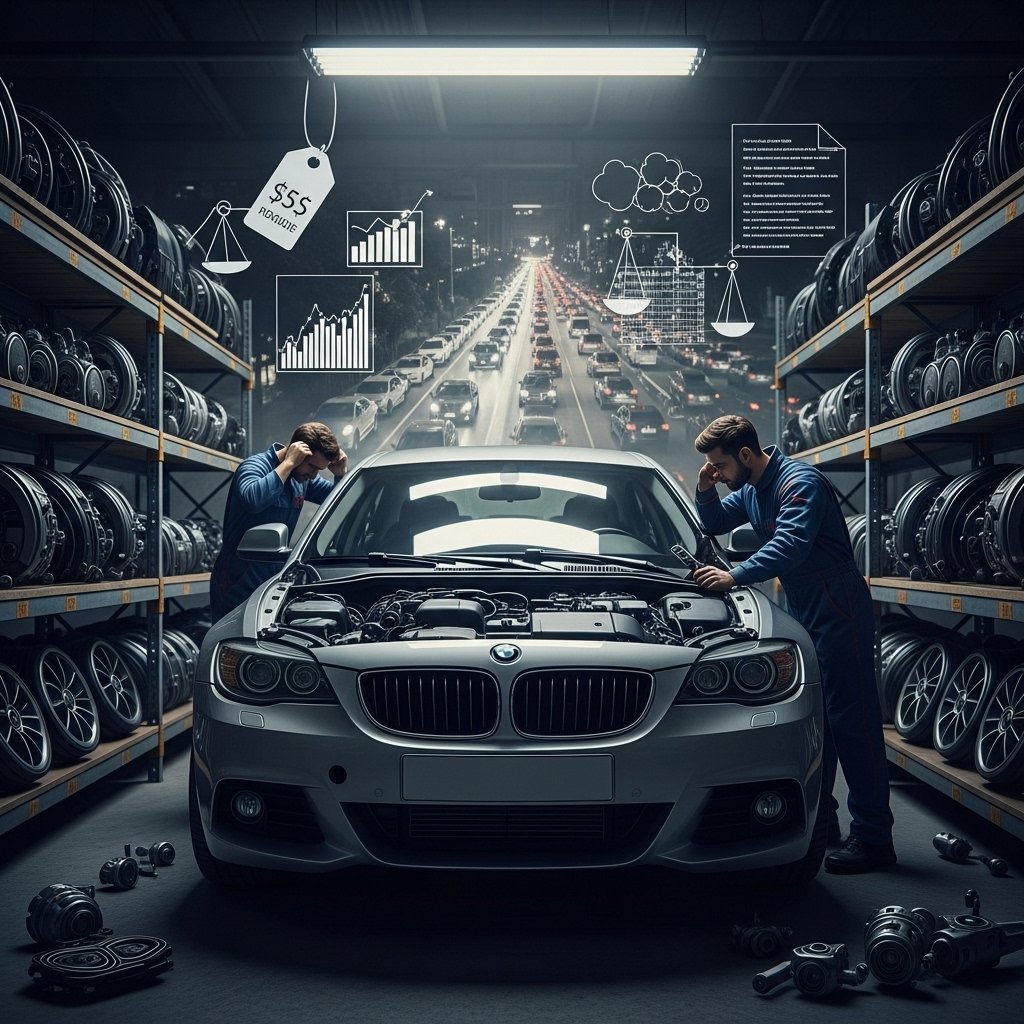 A gritty, close-up view of a severely damaged, high-tech modern car in a dimly lit industrial garage. Stressed technicians are visible amidst expensive, sparse auto parts on shelves. In the background, subtle visual cues like rising price tags and congested roads symbolize economic inflation and supply chain disruptions, highlighting the escalating car insurance costs.
