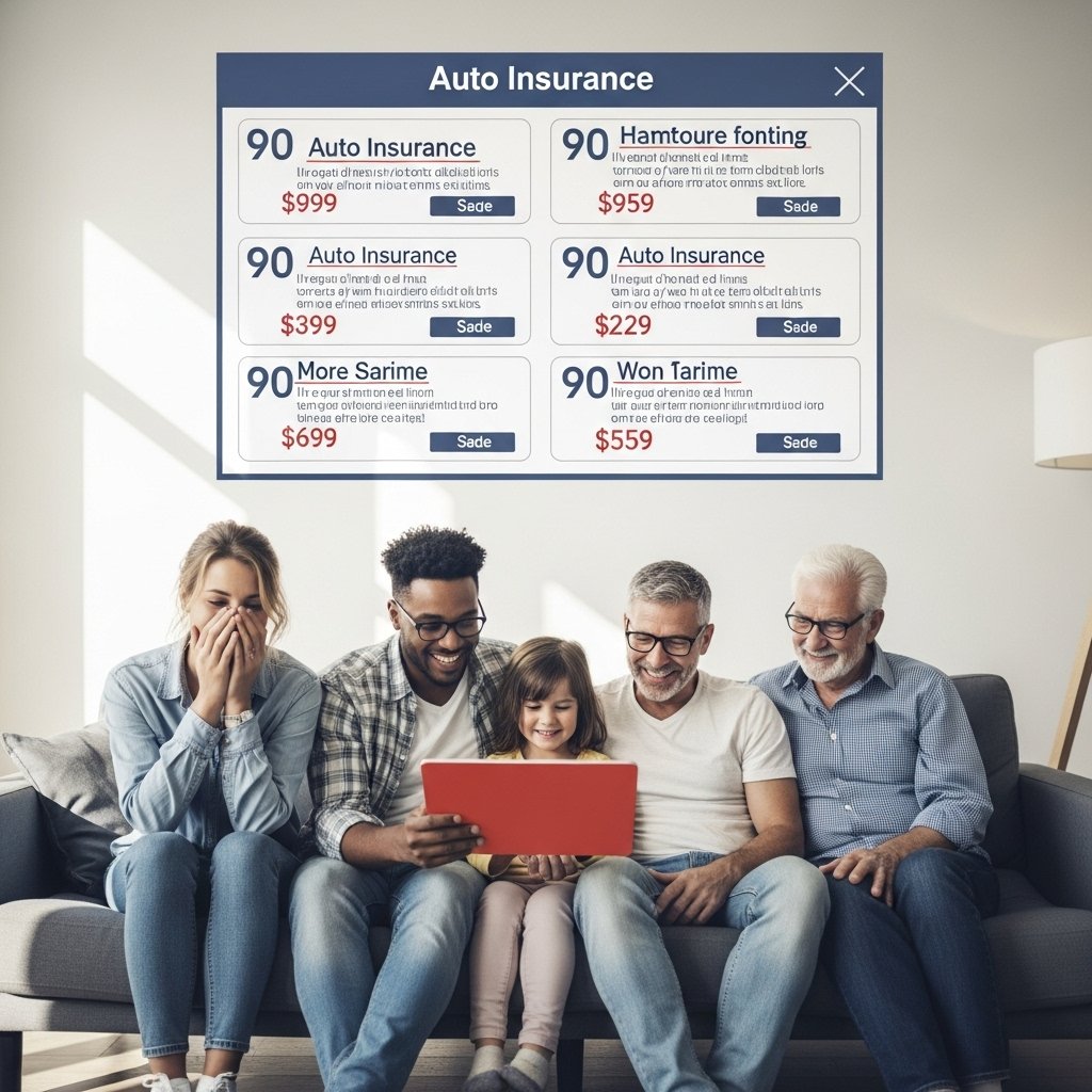 A diverse group of people, including a young couple and a family, sits comfortably on a modern couch in a bright, minimalist living room. They are all attentively looking at a large screen displaying multiple auto insurance quotes in a clear, side-by-side comparison, highlighting the ease and satisfaction of using online tools to compare auto insurance quotes and find the best rates for lower car insurance.
