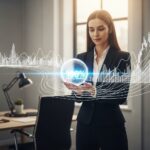A confident female entrepreneur stands in a sleek, sunlit modern office, proudly holding a shimmering sphere that symbolizes her 100% non-diluted company ownership. In the background, a holographic financial graph flows organically like a gentle river, with luminous lines illustrating dynamic revenue-based financing repayments that adapt to her business performance, highlighting financial flexibility without rigid obligations.