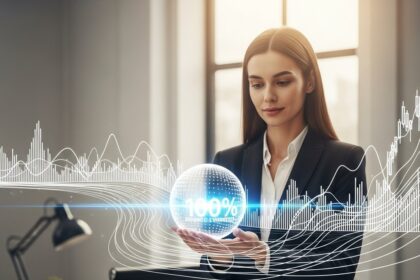 A confident female entrepreneur stands in a sleek, sunlit modern office, proudly holding a shimmering sphere that symbolizes her 100% non-diluted company ownership. In the background, a holographic financial graph flows organically like a gentle river, with luminous lines illustrating dynamic revenue-based financing repayments that adapt to her business performance, highlighting financial flexibility without rigid obligations.