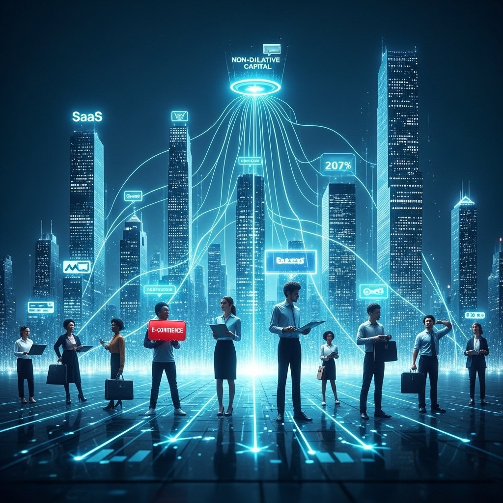A diverse group of modern founders representing SaaS, e-commerce, and subscription services are depicted in a dynamic, high-tech urban landscape, their businesses rapidly expanding upwards like illuminated skyscrapers. Glowing digital pathways connect them to a central, accessible non-dilutive financing source, emphasizing swift and flexible capital. The energetic scene, conveying innovation and rapid growth, features data streams and revenue projections visually represented as flowing light patterns.