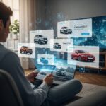 A young professional casually browses a tablet in their modern living room, surrounded by personalized CarGurus car advertisements dynamically projected across their laptop, smart TV, and phone. Glowing data lines illustrate CarGurus' advanced analytics tailoring ads for specific car models like SUVs and luxury sedans based on browsing habits, demonstrating innovative automotive digital advertising and seamless car buyer engagement.