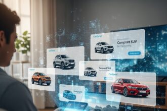 A young professional casually browses a tablet in their modern living room, surrounded by personalized CarGurus car advertisements dynamically projected across their laptop, smart TV, and phone. Glowing data lines illustrate CarGurus' advanced analytics tailoring ads for specific car models like SUVs and luxury sedans based on browsing habits, demonstrating innovative automotive digital advertising and seamless car buyer engagement.