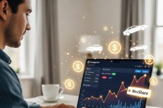 A focused, successful digital entrepreneur in their late 20s, with a relaxed yet professional demeanor, works on a sleek laptop at a modern standing desk. The laptop screen prominently displays a vibrant, upward-trending affiliate marketing dashboard with revenue charts and real-time conversion notifications related to auto insurance. Subtle digital overlays of car silhouettes and glowing dollar signs with a 'RevShare' tag float around the screen, indicating high earnings from the Coverage.com auto insurance affiliate program, showcasing a successful insurance affiliate RevShare model. The background is a softly blurred, contemporary home office with natural light, conveying comfort and prosperity.