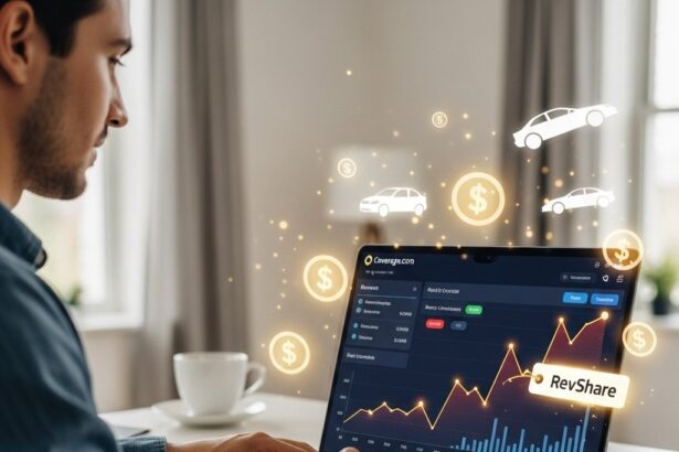 A focused, successful digital entrepreneur in their late 20s, with a relaxed yet professional demeanor, works on a sleek laptop at a modern standing desk. The laptop screen prominently displays a vibrant, upward-trending affiliate marketing dashboard with revenue charts and real-time conversion notifications related to auto insurance. Subtle digital overlays of car silhouettes and glowing dollar signs with a 'RevShare' tag float around the screen, indicating high earnings from the Coverage.com auto insurance affiliate program, showcasing a successful insurance affiliate RevShare model. The background is a softly blurred, contemporary home office with natural light, conveying comfort and prosperity.