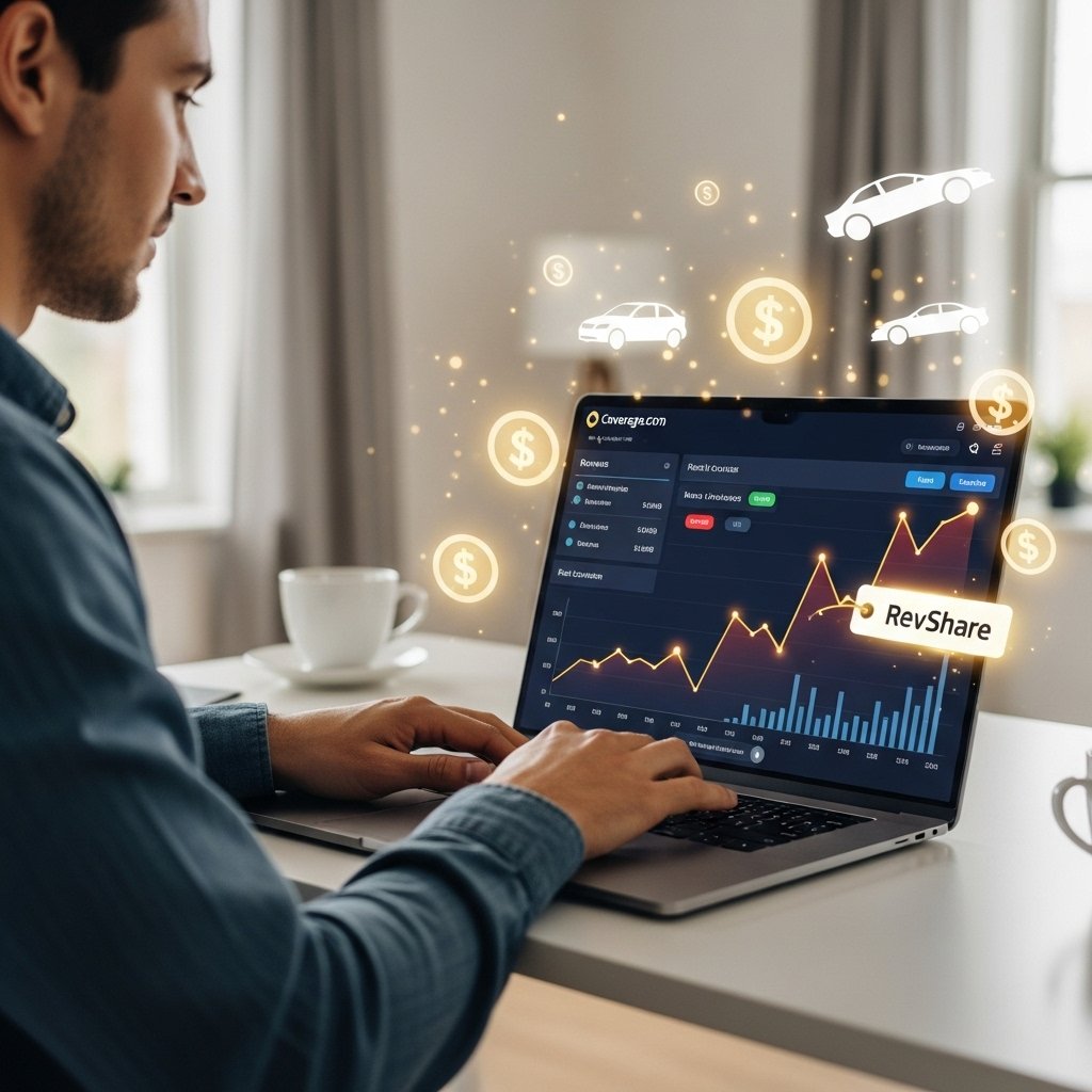 A focused, successful digital entrepreneur in their late 20s, with a relaxed yet professional demeanor, works on a sleek laptop at a modern standing desk. The laptop screen prominently displays a vibrant, upward-trending affiliate marketing dashboard with revenue charts and real-time conversion notifications related to auto insurance. Subtle digital overlays of car silhouettes and glowing dollar signs with a 'RevShare' tag float around the screen, indicating high earnings from the Coverage.com auto insurance affiliate program, showcasing a successful insurance affiliate RevShare model. The background is a softly blurred, contemporary home office with natural light, conveying comfort and prosperity.