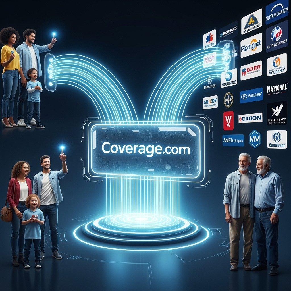A highly detailed, photorealistic image showcases a futuristic, glowing holographic interface with 'Coverage.com' as a central portal for auto insurance. On one side, diverse individuals representing the American driving public (a young family, a single professional, a senior couple) are shown interacting with touch gestures, seeking policies. On the opposite side, a dynamic array of reputable national auto insurance company logos appears, ready to offer solutions. Bright, interconnected beams of light flow from the consumers, through the Coverage.com interface, and towards the insurance providers, symbolizing seamless comparison, trust, and comprehensive solutions provided by an efficient auto insurance affiliate program. The scene is set in a clean, modern digital space, emphasizing reliability for the Coverage.com auto insurance affiliate services.