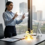 A confident, diverse insurance agent in a modern, sunlit office reviews intricate growth charts and real-time policy data on a transparent holographic display, symbolizing the stable income and financial success derived from insurance commissions. Neatly stacked policy documents on a sleek desk glow with golden currency symbols, reflecting a thriving business environment with a blurred cityscape in the background.