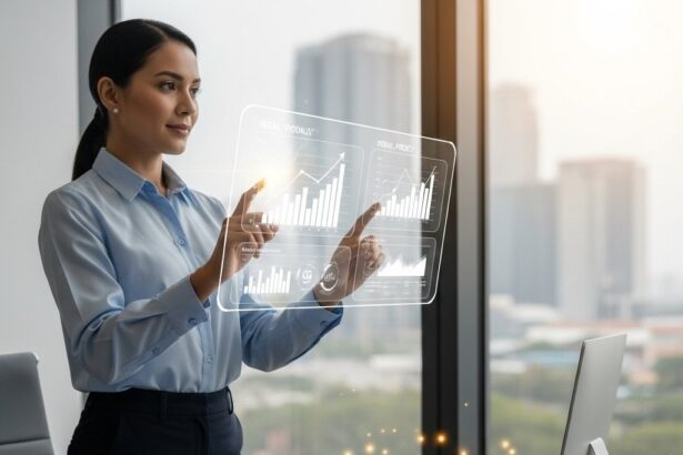 A confident, diverse insurance agent in a modern, sunlit office reviews intricate growth charts and real-time policy data on a transparent holographic display, symbolizing the stable income and financial success derived from insurance commissions. Neatly stacked policy documents on a sleek desk glow with golden currency symbols, reflecting a thriving business environment with a blurred cityscape in the background.