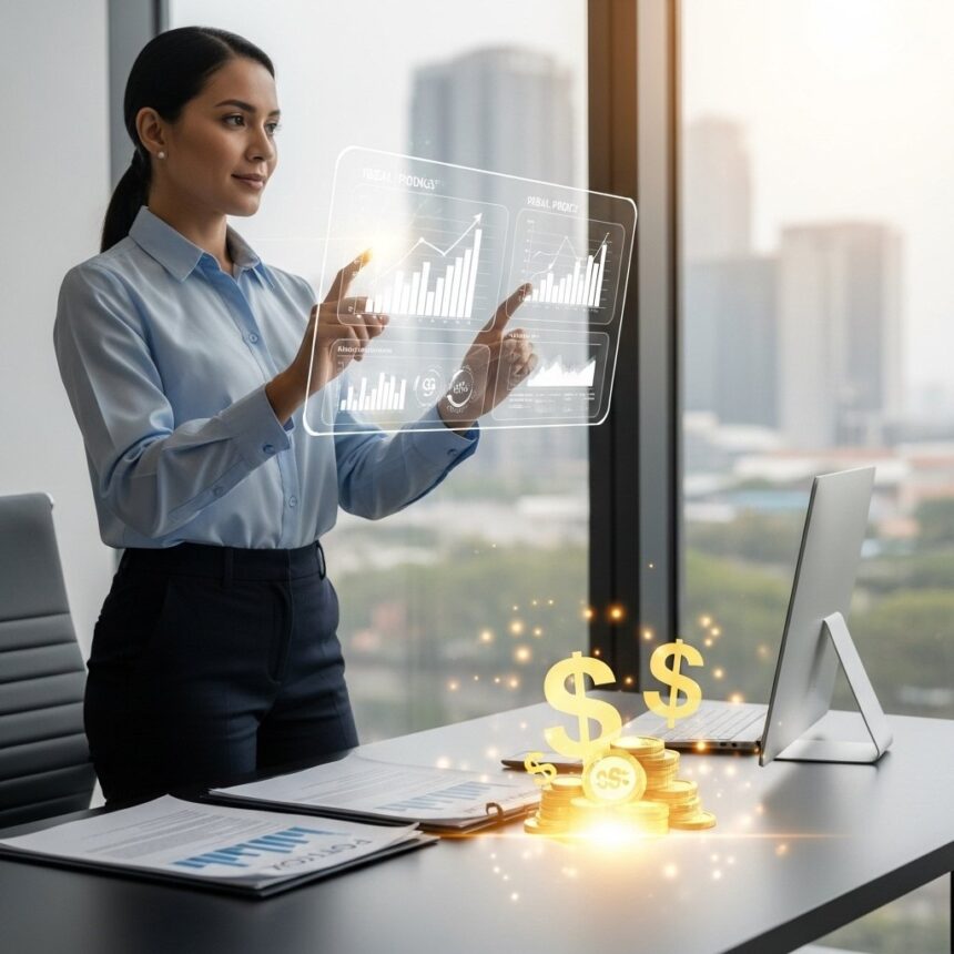 A confident, diverse insurance agent in a modern, sunlit office reviews intricate growth charts and real-time policy data on a transparent holographic display, symbolizing the stable income and financial success derived from insurance commissions. Neatly stacked policy documents on a sleek desk glow with golden currency symbols, reflecting a thriving business environment with a blurred cityscape in the background.