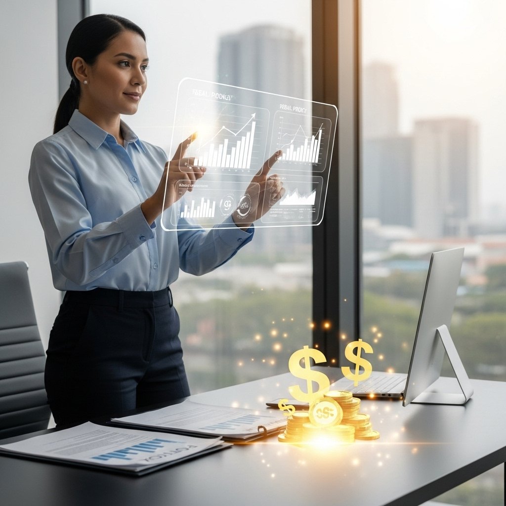 A confident, diverse insurance agent in a modern, sunlit office reviews intricate growth charts and real-time policy data on a transparent holographic display, symbolizing the stable income and financial success derived from insurance commissions. Neatly stacked policy documents on a sleek desk glow with golden currency symbols, reflecting a thriving business environment with a blurred cityscape in the background.