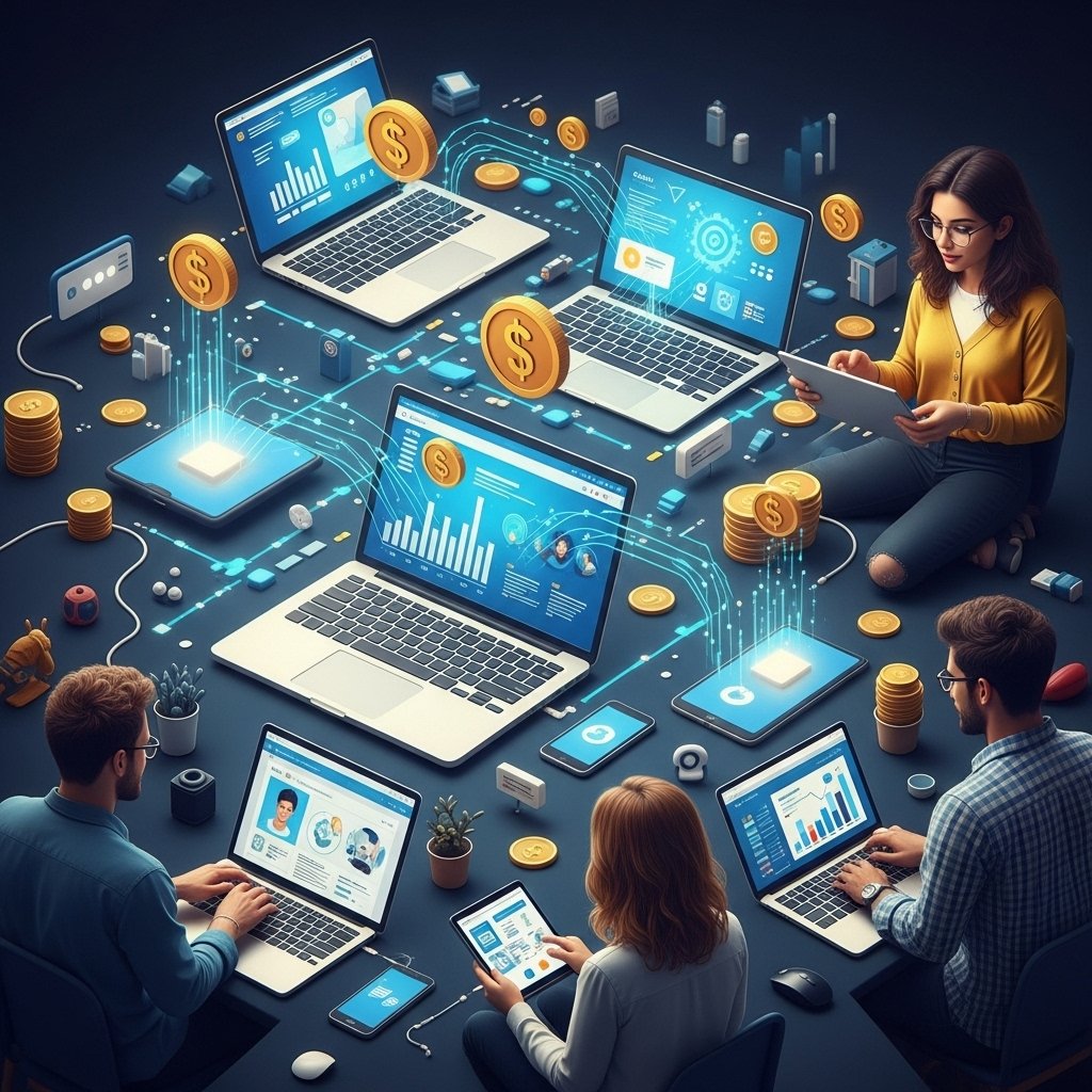 A vibrant, dynamic scene of a global digital network, with interconnected laptops, tablets, and smartphones glowing with data streams and money symbols. Diverse individuals, including a content creator, small business owner, and digital marketer, actively engage with their screens, symbolizing lead generators and affiliates participating in insurance revenue sharing models, highlighting widespread online earning opportunities in the insurance sector.