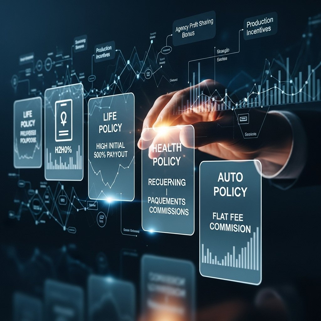 An intricate, multi-layered visualization of diverse insurance compensation structures. A professional hand arranges translucent, glowing panels representing different insurance products like life policies with high initial percentages, health policies with recurring payments, and auto policies with flat fees. Abstract financial graphs and strategic diagrams intertwine in the background, symbolizing agency profit-sharing bonuses and production incentives, all emphasizing the complexity and clarity of broker compensation insurance.